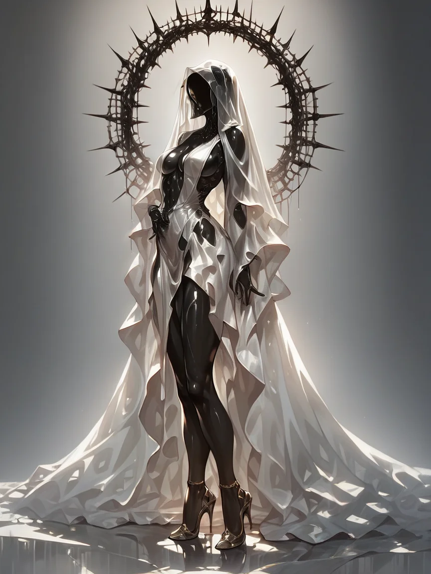 score_9, score_8_up, score_7_up, score_6_up, score_5_up, <lora:al13ng0dXLP:0.8> al13ng0d, solo, veil, black skin, curvy, shiny skin, full body, high heels