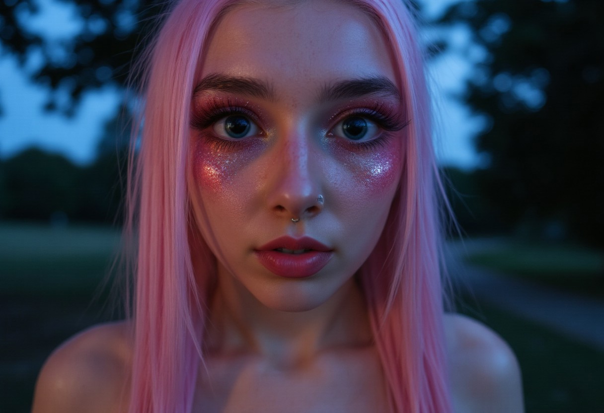ultra realistic extremely detailed ultra close-up shot: gazing deep into the huge beautiful eyes of a sexy and alluring raver girl with long light pink hair. Pink glitter eyeshadow and winged eyeliner frames her big expressive blue eyes with dilated pupils and long eyelashes, ((euphoria makeup)). She gazes toward the viewer with a sexy eyes half shut look and smiles seductively with her soft pink lips, her facial expression exuding unbridled lust. She blushes, flushing her cheeks as the moon bathes the sharp features of her beautiful heart-shaped face in a gentle glow. She has a nose ring. The extremely pale white skin of her bare shoulders is softly illuminated by the moonlight. Nighttime forest glen background. The softly moonlit nighttime image conveys a sense of sensuality and desire. aidmafluxpro1.1