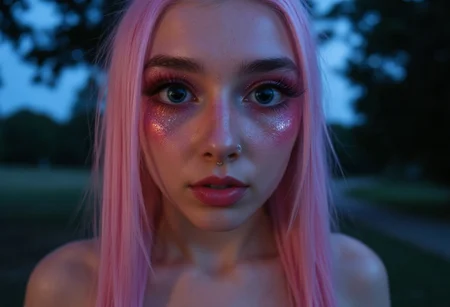 ultra realistic extremely detailed ultra close-up shot: gazing deep into the huge beautiful eyes of a sexy and alluring raver girl with long light pink hair. Pink glitter eyeshadow and winged eyeliner frames her big expressive blue eyes with dilated pupils and long eyelashes, ((euphoria makeup)). She gazes toward the viewer with a sexy eyes half shut look and smiles seductively with her soft pink lips, her facial expression exuding unbridled lust. She blushes, flushing her cheeks as the moon bathes the sharp features of her beautiful heart-shaped face in a gentle glow. She has a nose ring. The extremely pale white skin of her bare shoulders is softly illuminated by the moonlight. Nighttime forest glen background. The softly moonlit nighttime image conveys a sense of sensuality and desire. aidmafluxpro1.1