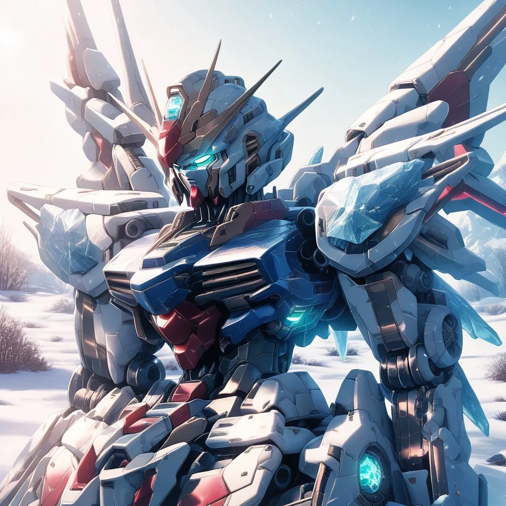 zPDXL3, score_9, score_8_up, score_7_up, score_6_up, source_anime, highres, high resolution, 8k, highest quality, best quality, masterpiece, extremely detailed, high definition, perfect anatomy, perfect eyes, very high resolution, extremely detailed, detailed face, 4k, high quality, fr0stwrld, snow, ice, robot, mecha, gundam, space,