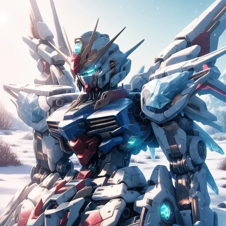 zPDXL3, score_9, score_8_up, score_7_up, score_6_up, source_anime, highres, high resolution, 8k, highest quality, best quality, masterpiece, extremely detailed, high definition, perfect anatomy, perfect eyes, very high resolution, extremely detailed, detailed face, 4k, high quality, fr0stwrld, snow, ice, robot, mecha, gundam, space,