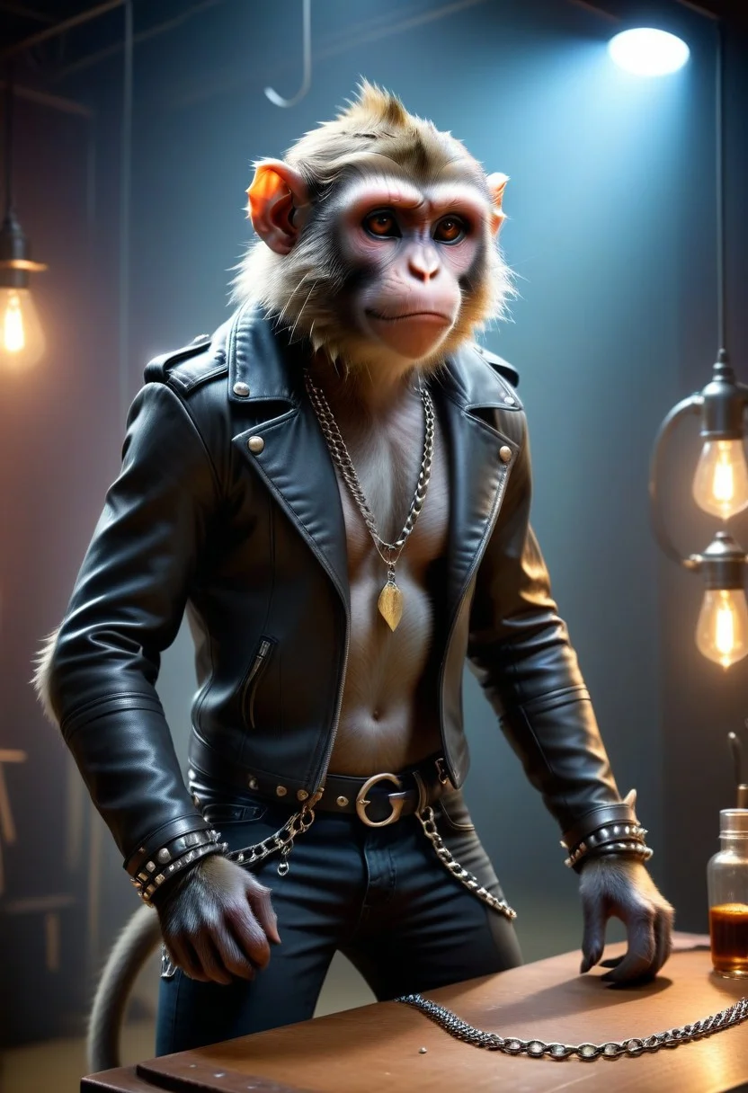 Hyperrealistic 8K fantasy concept: vervet monkey in aggressive rock-metal attire (leather collar with spikes, tight black jeans with chains, metal bracelets with spikes, high boots). Perfect anatomy, detailed textures. Holding a small glass with blue liquid (magic elixir). Unreal Engine 5, lumen lighting, depth of field.
Backstage
A dimly lit dressing room/backstage. Intense neon lights, polished metal surfaces. Silhouettes of other creatures. Sharp shadows, metallic shine. Surreal elements: smoke like notes, flickering lights. Close-up, expression of superiority/fatigue. Fine droplets of condensation, specks of light, slightly sweaty skin.