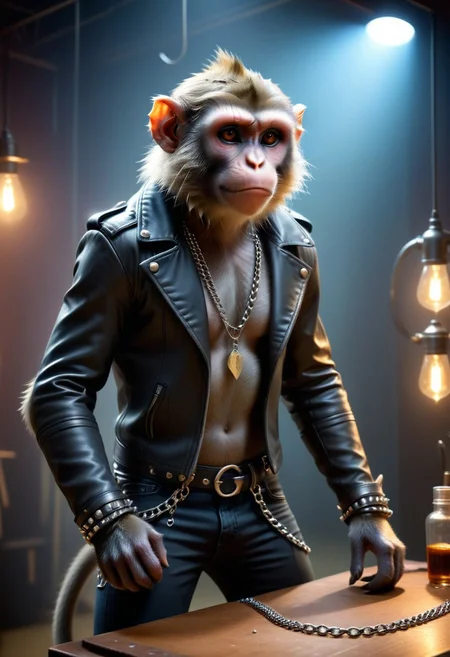 Hyperrealistic 8K fantasy concept: vervet monkey in aggressive rock-metal attire (leather collar with spikes, tight black jeans with chains, metal bracelets with spikes, high boots). Perfect anatomy, detailed textures. Holding a small glass with blue liquid (magic elixir). Unreal Engine 5, lumen lighting, depth of field.
Backstage
A dimly lit dressing room/backstage. Intense neon lights, polished metal surfaces. Silhouettes of other creatures. Sharp shadows, metallic shine. Surreal elements: smoke like notes, flickering lights. Close-up, expression of superiority/fatigue. Fine droplets of condensation, specks of light, slightly sweaty skin.