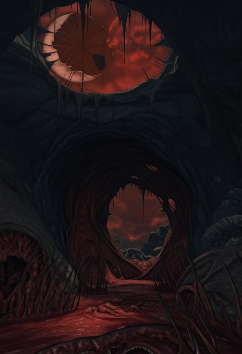 AMAZING QUALITY, MASTERPIECE, W1CK3D SCENERY, RED SKY, CLOUDY, BROKEN MOON, NIGHTMARE, RUSTY, CAVE, BLOOD, FLESH, GLOWING EYES, YELLOW EYES, RED THEME, HORROR THEME