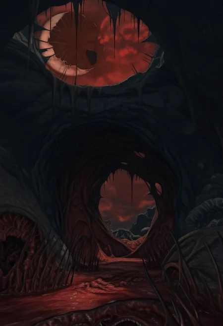 AMAZING QUALITY, MASTERPIECE, W1CK3D SCENERY, RED SKY, CLOUDY, BROKEN MOON, NIGHTMARE, RUSTY, CAVE, BLOOD, FLESH, GLOWING EYES, YELLOW EYES, RED THEME, HORROR THEME