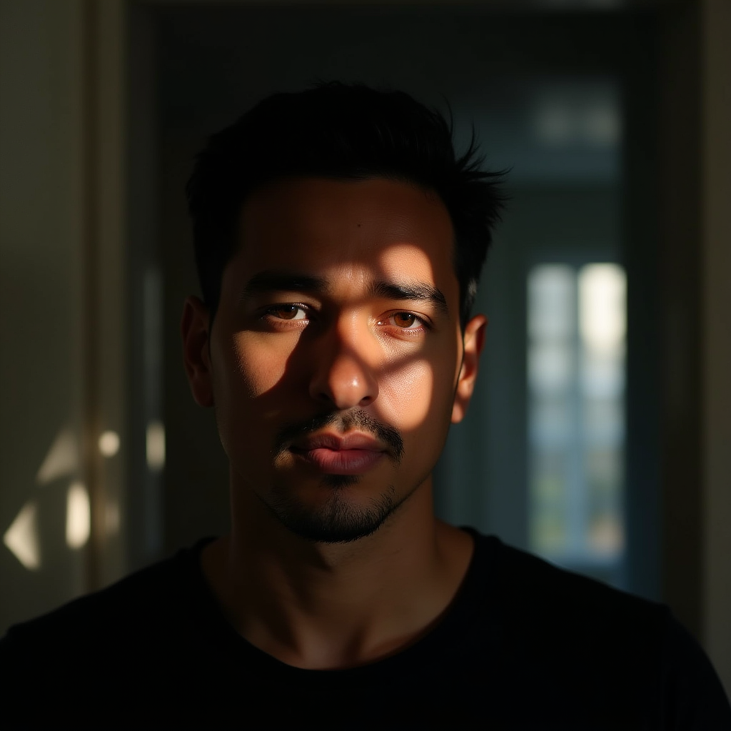 <lora:casting shadows style v1:1>
a man staring at viewers in a room with circular shadow dotes on face, casting shadows style
