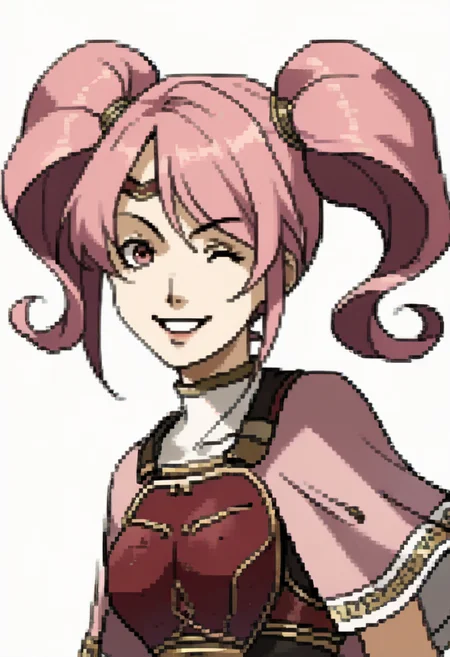 score_9, score_8_up, score_7_up, source_anime, BREAK, solo, 1girl, smile, looking at viewer, <lora:Mae-pdxl_Fp:1>, maefe, twintails, pink hair, pink eyes, circlet, long hair, armor, breastplate, capelet, <lora:P2-Protraits-pdxl_Fp:1>, portrait, simple background, one eye closed, open mouth,