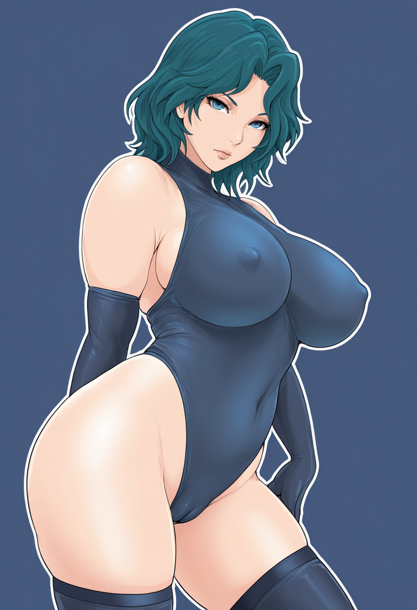 masterpiece, best quality, 
1girl, solo, 
From side
kaiou michiru, aqua hair, blue eyes  
highleg leotard, skindentation, cameltoe, covered nipples, elbow gloves, thighhighs,
looking at viewer, 
simple background, Midnight Blue  background, outline, 
 <lora:raikageart:1> r41k4g34rt,
