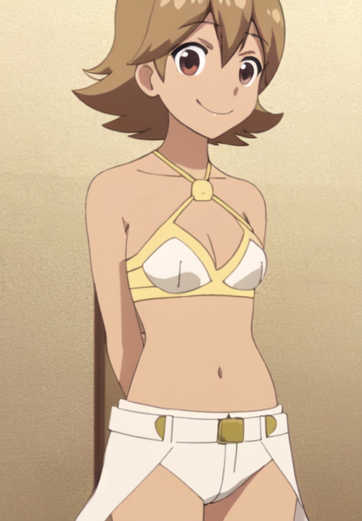 <lora:Jessica:0.8>, Jessica, 1girl, solo, looking at viewer, smile, cleavage, medium breasts, arms behind back, flipped hair