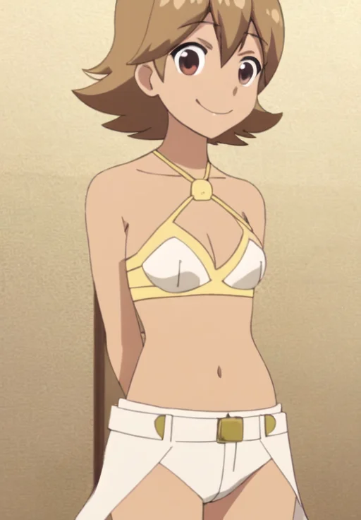 <lora:Jessica:0.8>, Jessica, 1girl, solo, looking at viewer, smile, cleavage, medium breasts, arms behind back, flipped hair