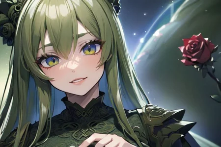 (masterpiece:1.4), 4K8K, (anime style), (high shutterspeed:1.4), (sharp edges),
SyFyEye1, FanFo,
1woman hands togather, leaning foward, face focus, smile, closed mouth,
wearing Celtic style dress, (Detailed face, Detailed eyes, Detailed lips), (solo),
olive hair, any colored roses, Fantastic, turf,