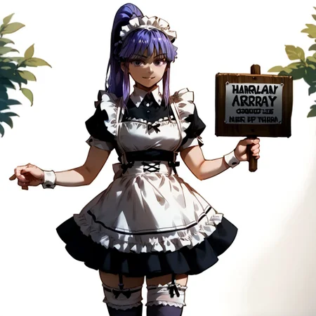 zPDXL3, score_9_up, score_8_up, score_7_up, (Anime_source), 1girl, standing, looking at viewer, smiling, ZhaoYa, lavender eyes, lavender hair, long hair, braid, Ponytail, maid apron, maid, maid headdress, thighhighs, wrist cuffs, garter belt, standing, sign peace,