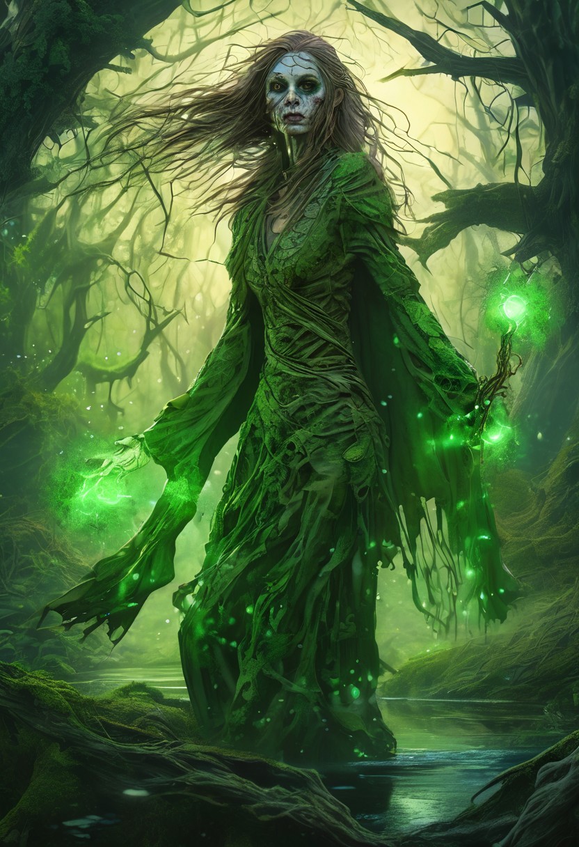 fantasy,medieval Russia fantasy,female druid,(zombie:1.3),(dynamic pose:1.3),entangled with roots,in a swamp,detailed background,(glowing nature magic:1.3),(glowing green eyes:1.1),(glowing green tattoos:1.1),tattered clothing,holding a stick,close up,midnight,(particle effects),floating magic particles, glowing dust