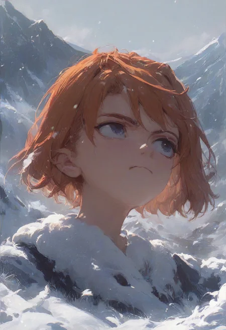 Expressiveh, mai tokiha score_9, score_8_up, score_7_up,
nekoyashikiyuki,
snow mountain, footprints on the snow, white breath, upper body,