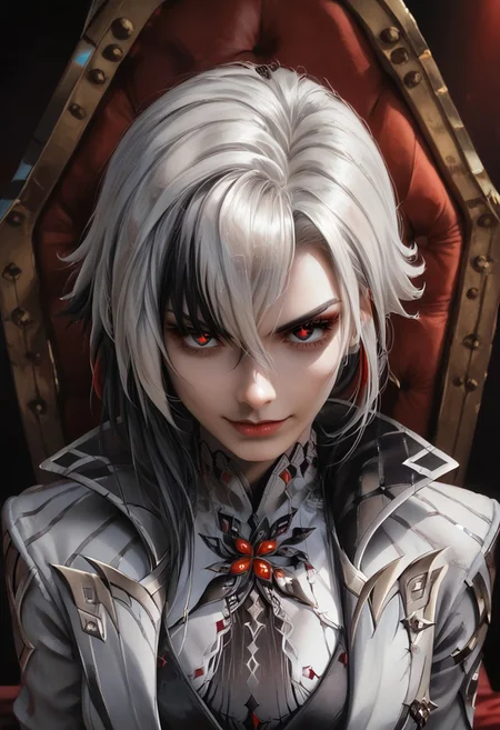 arlecisek,
arlecisek,gloves,long sleeves,full body,black gloves,coat,black pants, x-shaped pupils,
1 girl, solo. Sit on black-red throne, confident face, wine glass, slight evil smile
Dark room on background, one eyes lit up red, moonlight, night, view from above, close view, view near head, detailed face, detailed
DNDFG, Detailed drawing, Fixhand,