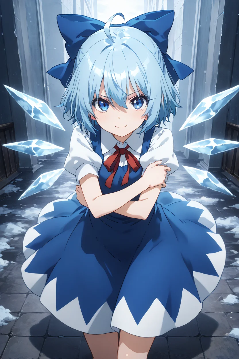 masterpiece, best quality, 1girl, solo, 21 year old model, eyelashes, (beautiful eyes), ,,, <lora:CirnoTouhouIXL:1.0>, zzCirno, blue eyes, hair between eyes, ahoge, blue hair, hair bow, short hair, blue dress, puffy short sleeves, white shirt, bow, wings, ice, short sleeves, ice wings, dress,from above, dynamic pose, cowboy shot, smile, looking at viewer, shiny skin,<lora:PrismaIllyaIXL_v2:1.0>,