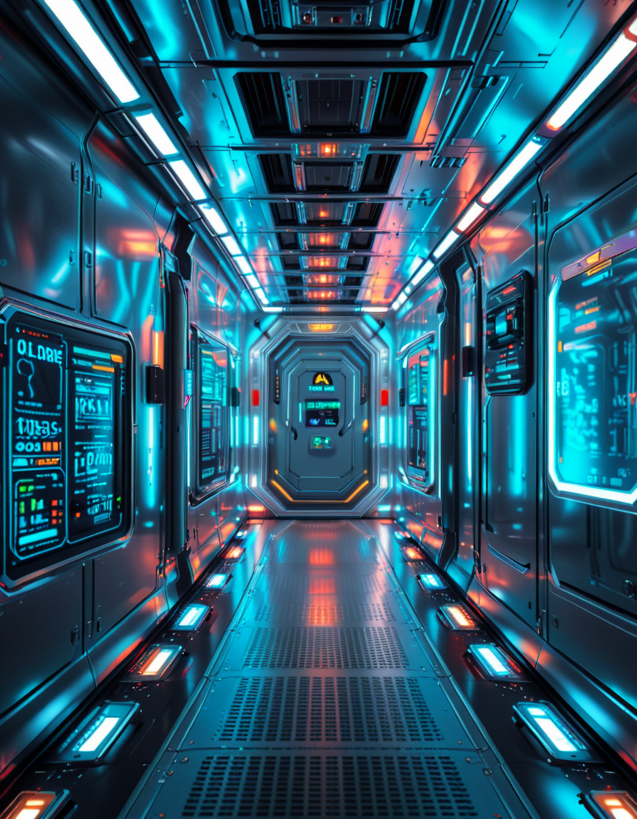 A highly detailed futuristic spaceship corridor, illuminated by soft neon blue and purple lights. The walls are made of sleek metallic panels, with glowing circuits and holographic displays integrated into the design. The floor is reflective and polished, with a faint grid pattern that emits a subtle white glow. Pipes and cables run along the ceiling, interspersed with small ventilation grids and blinking lights. The corridor stretches into the distance, creating a sense of depth, with a slight curve that hints at the massive scale of the spacecraft. The atmosphere feels clean, modern, and slightly sterile, with a sci-fi aesthetic inspired by movies like Blade Runner and Star Wars. The overall lighting is ambient and slightly dim, accentuating the futuristic ambiance. No characters or people are present, focusing entirely on the corridor's architecture and design.<lora:SDXLFaeTastic2400:0.4> <lora:extremely_detailed:0.4> extremely detailed, <lora:futuristic_spaceship_c0rr1d0r:1>,futuristic spaceship c0rr1d0r, Masterpiece,best quality,hi res,8k,hi res,8k,award winning,(sharp focus, intricate, highly detailed),