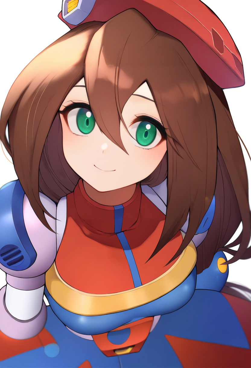 masterpiece, best quality, very aesthetic, absurdres,
1girl, airisu, brown hair, low-tied long hair, long hair, hair between eyes, green eyes,
beret, android, robot, skirt,
upper body,
smile, looking at viewer, solo, simple background, white background,   <lora:IrisNoobXL_byKonan:1>