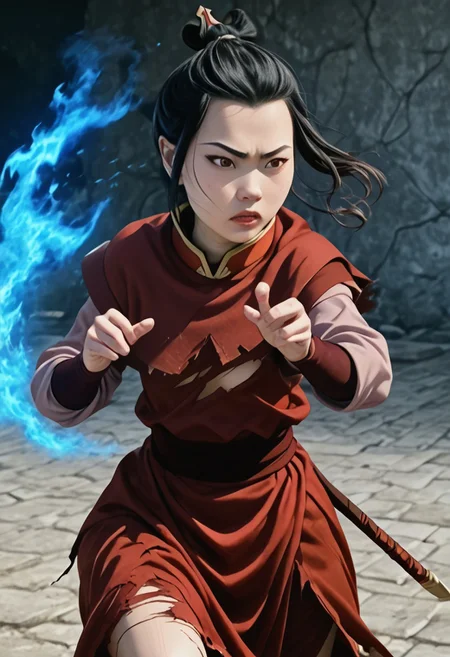 Expressive, score_6_up, score_7_up, score_8_up, score_9. Masterpiece, best quality, highly detailed, harmonious anatomy, (natural beauty:1.1), consistent details. fighting, azula, japanese, <lora:azula-book2-ponyxl-lora-nochekaiser:1>, azula, black hair, brown eyes, topknot, sidelocks, hair bun, single hair bun, flowing hair, action shot, wind in hair, (afraid look), [surprised look], skintight clothes, chinese clothes, capelet, sash, long sleeves, elbow gloves, pronounced female figure, areola slip, exposed skin, (torn clothes:1.2), [scar, blood, defeated, wounded], in feudal japanese background, blue fire power aura, blue flames, dynamic pose, dynamic view, perfect hands, [blue fire]