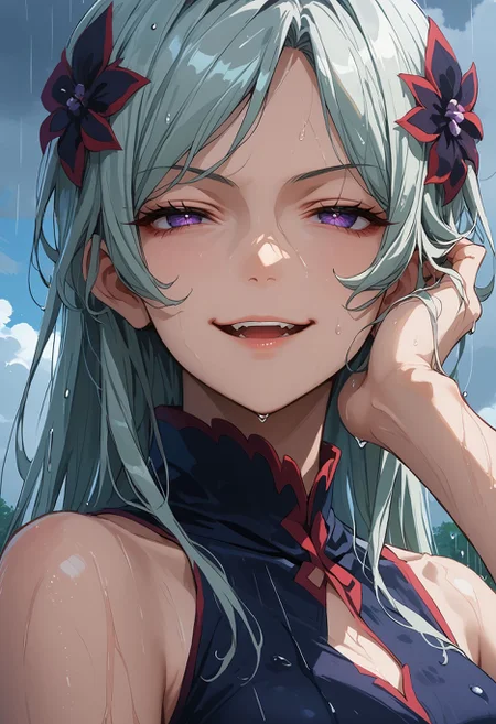 score_9,score_8_up,score_7_up, <lora:freya_danmachi_pdxl_goofy:1>freyadm, 1girl, evil smile, rain, smug, wet hair, portrait, looking at viewer, open mouth, hand in own hair, smirk, anime coloring, cloudy sky, cloud, half-closed eyes, parody, upper teeth only, sleeveless, close-up, unusually open eyes, hair ornament, hand on own head, outdoors,black flower