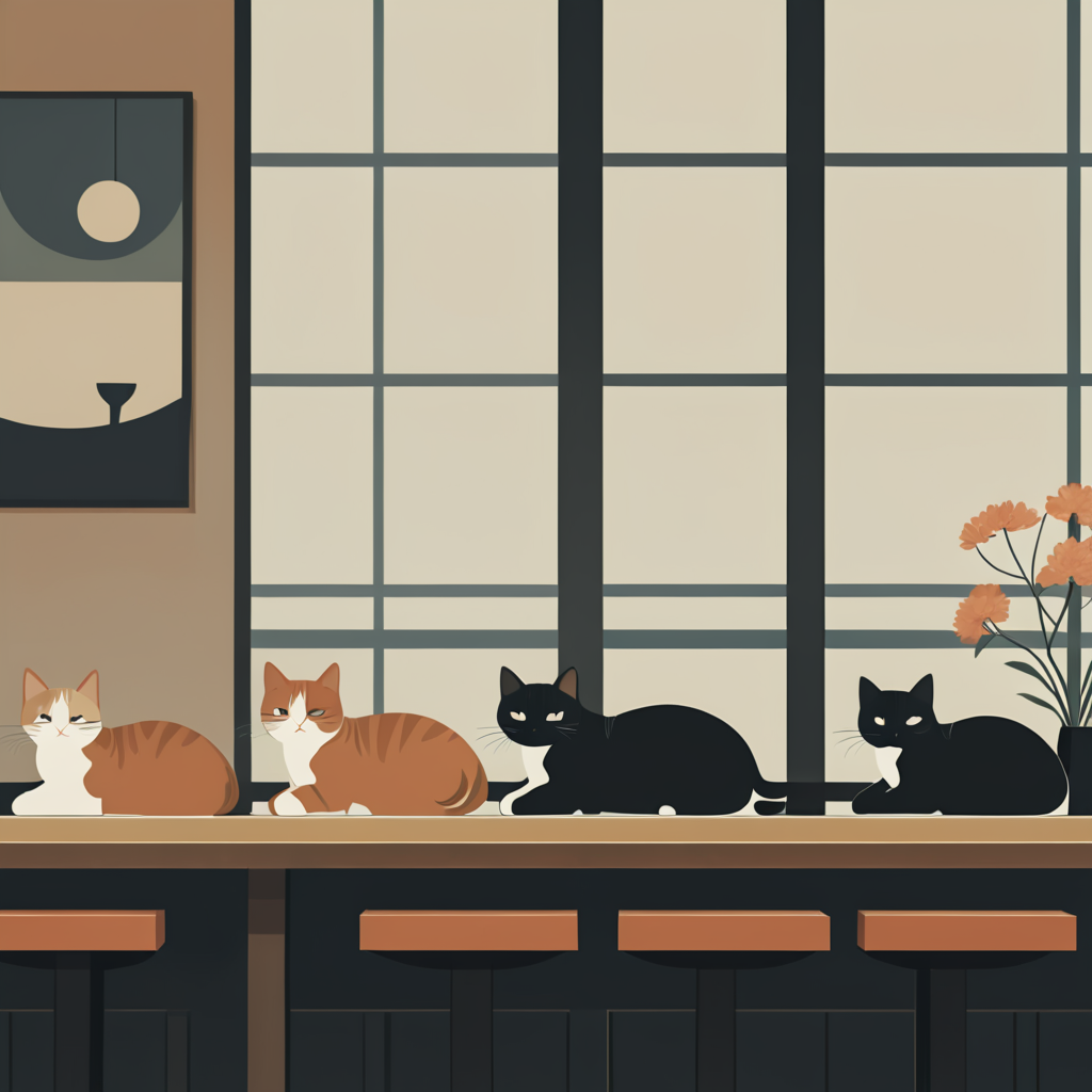 <lora:Modern_Ukiyo-e_illustrationSDXL:1>  Modern Ukiyo-e illustration, The image shows three cats sitting on top of a table in front of a window surrounded by stools a flower vase and other objects. The cats appear to be in a Japanese-style cafe with a warm and inviting atmosphere., no humans, cat, sun, bowl, table, cup, indoors, black cat, plant, animal