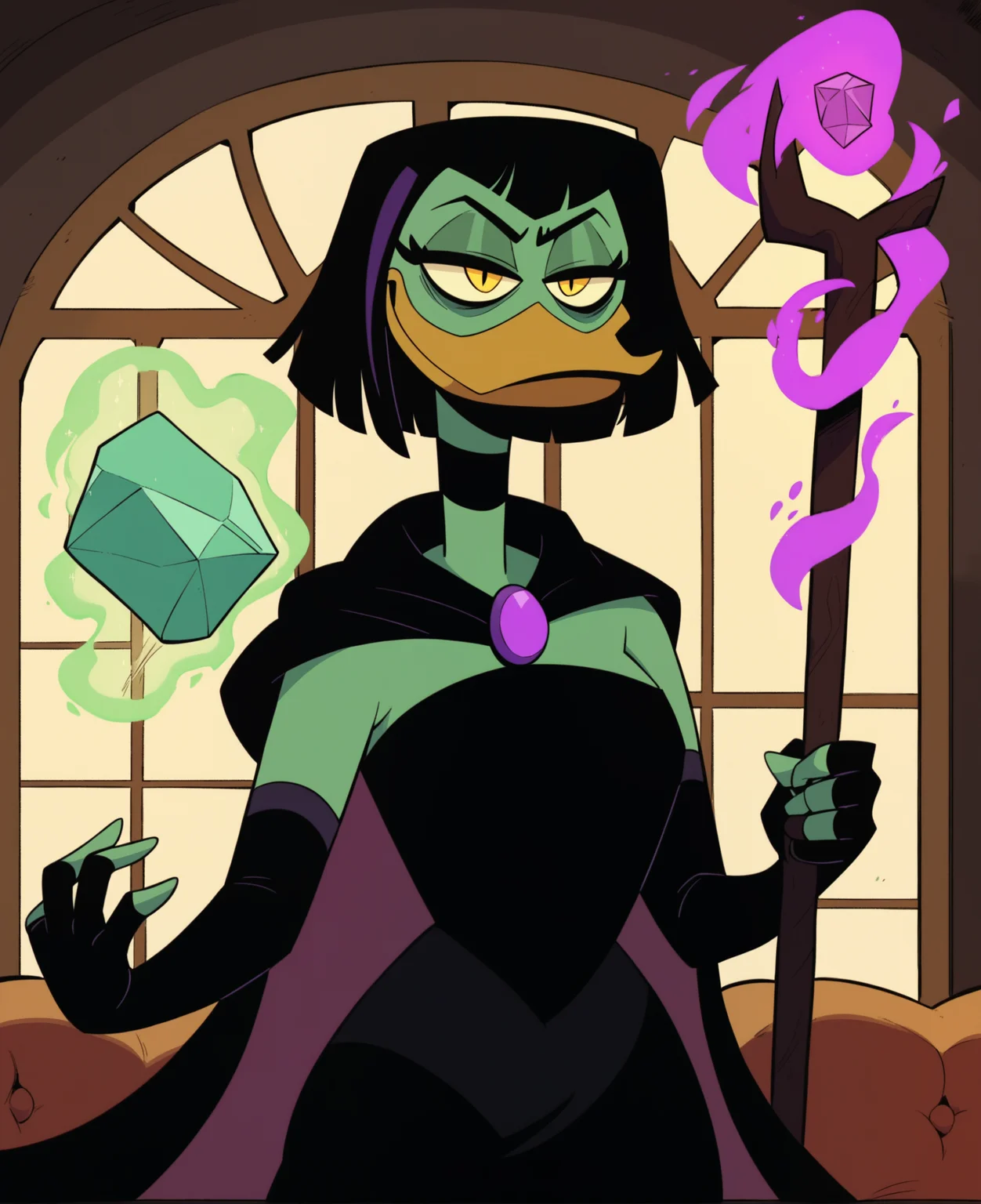 score_9, score_8_up, score_7_up, score_6_up, best quality, highres, source_furry, masterpiece, BREAK
1girl, mansion, indoors, female, solo, duck, green skin, mature female, cape, short hair, black hair, black dress, purple amulet, elbow gloves, choker, yellow eyes, narrowed eyes, bags under eyes, fingerless_gloves, seductive, curvy,  holding black staff, magic_user, purple energy, <lora:Magica_De_Spell_V3:0.8>
