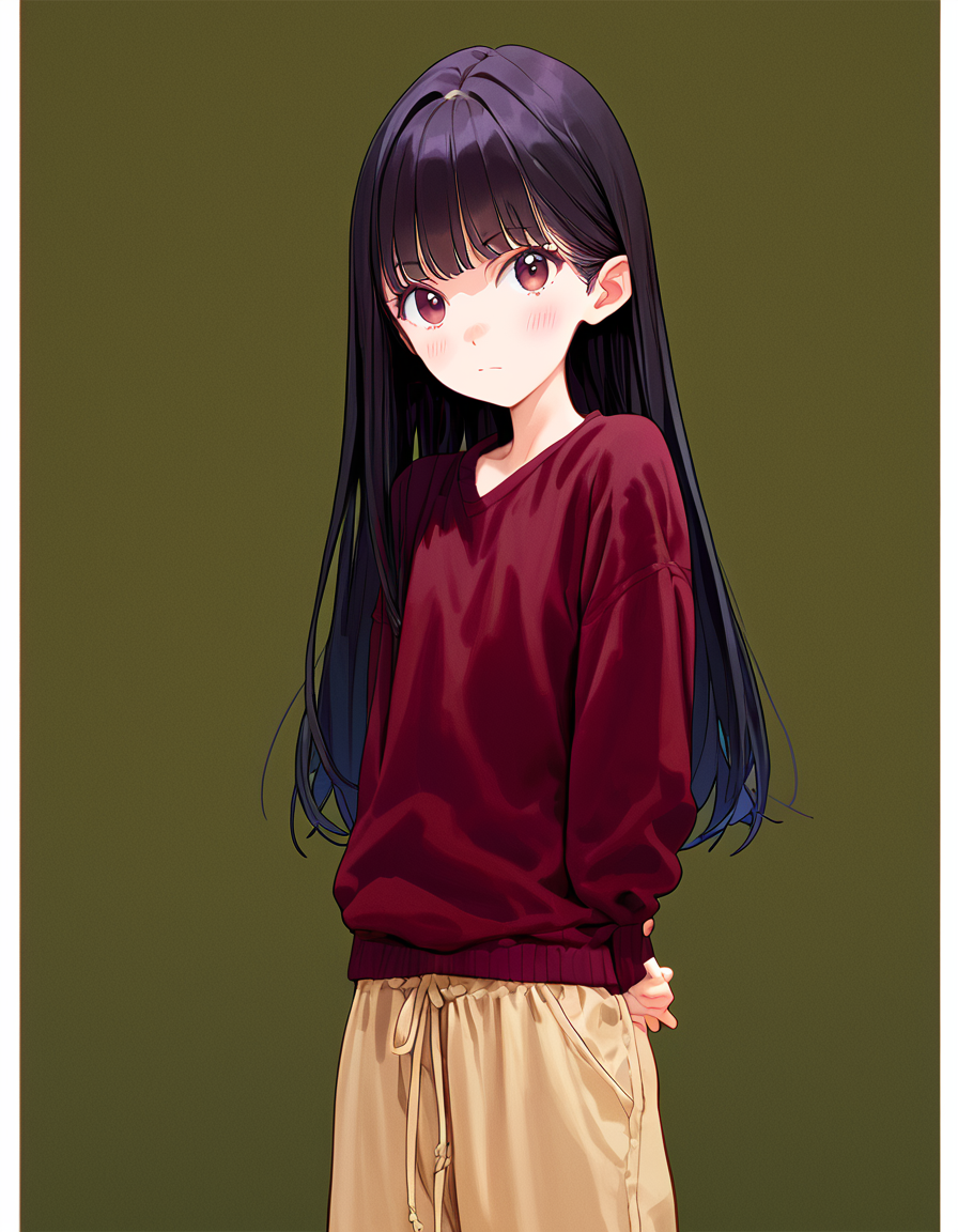score_9, score_8_up, score_7_up, 1girl, petite, cute, blush, long hair, black hair, looking at viewer, arms at sides, baggy pants, simple background, cowboy shot, closed mouth, long sleeves, sweater, film grain, <lora:focke_wulfPony2:1>