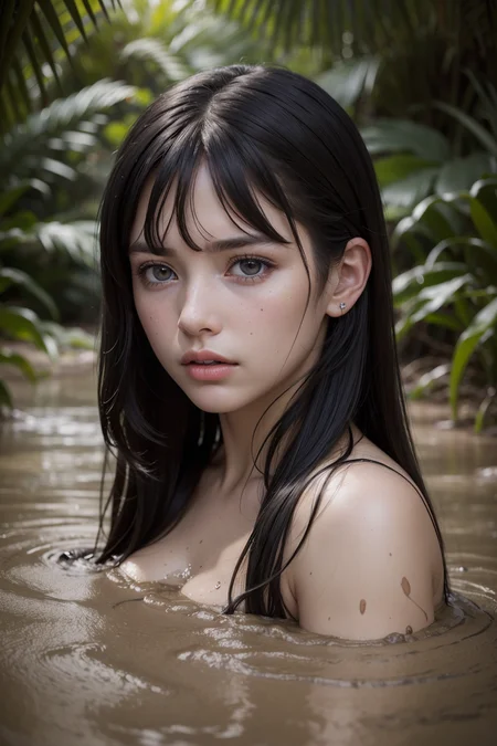(RAW 8k photo) of (RSEEmma:1.1),<lora:RSERomantic_RSESofiko_RSEEmma-v1:0.1>, ((best quality)), ((masterpiece)), (realistic, photo-realistic:1.37), DSLR photo, DLSR, cowboy shot, worried, looking at viewer, (highly detailed skin:1.2), bright lighting, parted bangs, (black hair), very long hair, long hair, beautiful girl partially submerged in mud, (jungle background:1.2), perfect eyes, long eyelashes, <lora:partially_submerged:1>