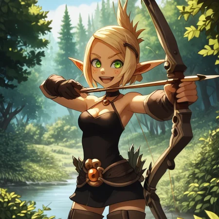 score_9, score_8_up, score_8_up, godrays, Expressiveh, 4ng3l face, realistic skin, masterpiece, raw quality, best quality, extremely detailed, stunning beautiful, high definition, HD, cute, <lora:Evangelyne:1> Evangelyne, pointy ears, green eyes, freckles, seduction, blonde hair, short hair, folded ponytail, gloves, bare shoulders, thigh boots, hairclip, belt, choker, halterneck, detailed face, detailed eyes, detailed mouth, happy, standing, closeup, outdoors, forest, autumn, thickthight, choker, cleavage, midriff, navel, areola, Bright2Dfy, glowing, visible belly, ((drawing bow, (weapon: 1.1), aiming at viwer, arrow, (projectile: 1.1), holding arrow, bow, (weapon: 1.1), holding bow, darwing bow)), fire on arrow \(projectile\), fire effect, <lora:fireball:0.8>, perfect bow, perfect arrow