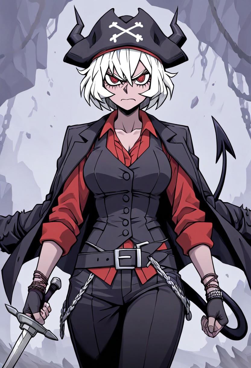 masterpiece, best quality, newest, absurdres, highres, anime, anime style, PAV1.0IL, pirate, pirate hat, sword, holding sword, weapon, holding weapon, 
1girl, malina (helltaker), demon girl, short hair, white hair, horns, demon tail,