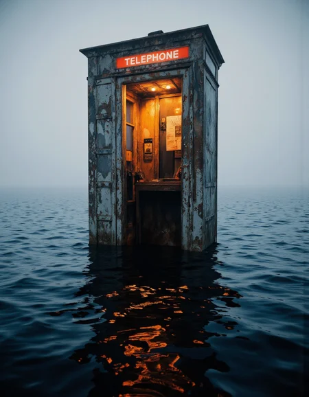 A highly detailed CGI (computer-generated imagery) rendering of a vintage telephone booth standing in the middle of a vast, dark body of water. The booth is illuminated from within, casting a warm, orange-yellow glow that contrasts starkly with the deep blue and black hues of the surrounding water. The booth's exterior is a faded, weathered gray with a red sign at the top that reads "TELEPHONE" in bold, white letters. Inside, the booth is dimly lit, revealing a small, wooden desk with a phone and a few papers scattered on it. The water around the booth is rippled, creating a reflective surface that mirrors the light from the booth, adding a surreal, dreamlike quality to the scene. The overall atmosphere is eerie and somewhat melancholic, enhanced by the misty, foggy background that blurs the horizon and adds to the isolation of the scene. The textures of the water and the booth are meticulously detailed, with the water appearing smooth yet slightly turbulent, and the booth's surface showing signs of age and wear. This image evokes a sense of abandonment and solitude, with the telephone booth as a lone, illuminated beacon in an otherwise dark and mysterious setting.