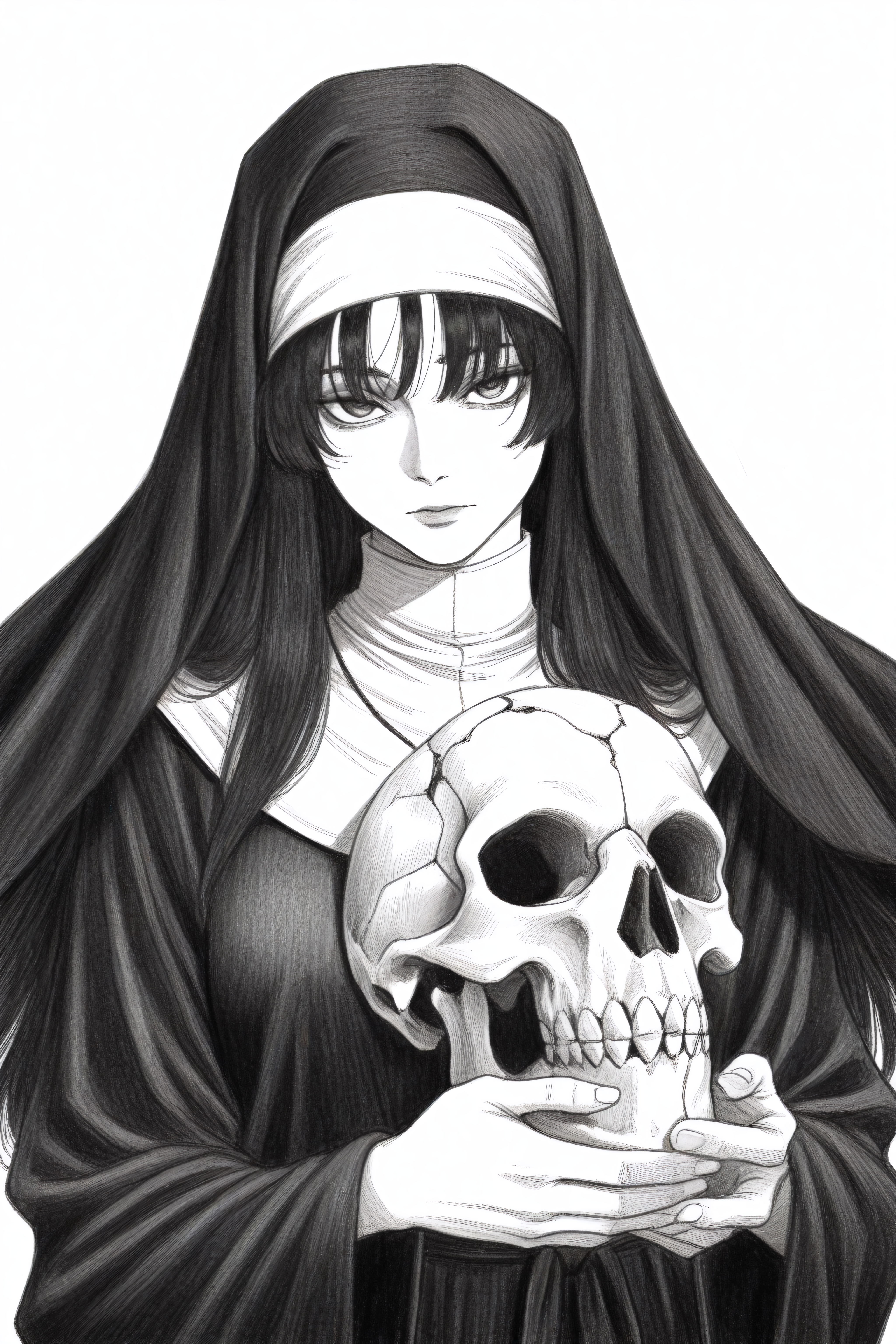 (masterpiece,best quality),<lora:tp1p1ptStyle-Illustrious-lora-Faxtron:0.7> tp_p_pt, monochrome, greyscale, graphite_(medium), highres, traditional_media, 1girl, black_hair, black_robe, holding, holding_skull ,looking_at_viewer, nun. robe. skull. solo. white_background.