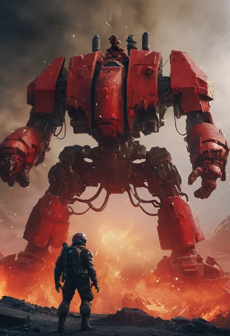 cyberpunk, Hyperdetailed, Omnipresent, Beautiful, , otherworldly,score_9, score_8_up, score_7_up, depth of field, detailed, solo, high resolution, 8k,a four meter tall red drdnght machine with rocket launcher and flamethrower walks across an ruined space station searching for enemies, rockets streak across space and explode in blooming fireballs, Battlefield landscape background,volumetric cinematic lighting,highly detailed armor,, (masterpiece), (realistic), 8k, RAW photo, octane render, volumetrics, (film grain, bokeh), Battle background, weapons, fire, explosions,Dynamic Angles: Use dramatic camera angles, like low-angle shots looking up at your protagonist or high-angle shots looking down on them, to create a sense of scale and power. Wide Shots: Employ wide shots to show the full scope of an attack and the surrounding environment, emphasizing its impact. Motion Blur: Apply a motion blur effect to capture the speed and force of an attack, making a scene feel more dynamic and energetic.