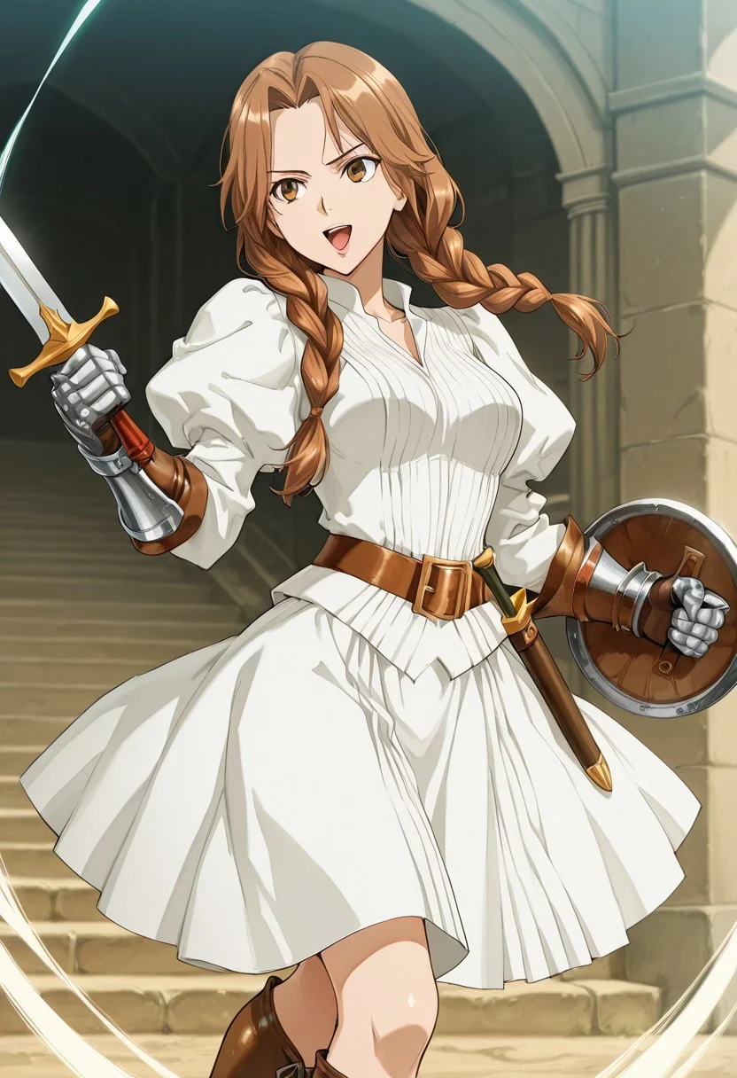 score_9,score_8_up,score_7_up,source_anime,5_figner,2d_animation,game cg,BREAK,1girl,solo,
ferris,gauntlets,white dress,brown hair,long hair,belt,braid,puffy sleeves,twin braids,brown eyes,lips,
medium breast,cowboyshot,smile,serious,boots,
sword,shield,slashing,openmouth,
masterpiece,best qualit,ultra-detailed,illustration,an extremely delicate and beautiful,beautiful detailed eyes,unity 8k wallpaper,high resolution,anime CG,official_art,Erotic_style,anime_coloring, anime_screencap,