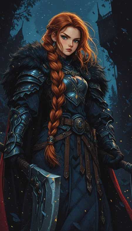 masterpiece,
high_quality, highres, detailed_eyes, detailed, masterpiece, best quality, absurdres, 8k, HDR, face_focus, high quality, very_awa, newest, absurdres, highres, depth_of_field, realistic_skin,
pinkretroanime, retro art,
Jeddtl02,
p0nyd1sney1ncasev1x0n2, very aesthetic, detailed face, (dynamic:1.2), stylized, illustration, dynamic pose,nsfw, girl, tall body, slender body, fit body, long legs, deep cleavage, (freckles on the face:1.25), (night:1.9), (dark blue sky:1.9), (dark background:1.9), star \(sky\), In the center of a vast battlefield, a warrior queen with vibrant red hair stands confidently, her gaze directed straight ahead. She is dressed in armor adorned with intricate metalwork and accented with rich blue hues, a striking contrast to her fiery locks. A large, double-bladed axe rests at her side, its blades gleaming with an inner light that matches the intensity of her gaze. The background is a mix of nature's ruggedness and the stark realities of war. A crumbling tower looms in the distance, partially obscured by a dense forest that seems untouched by the chaos unfolding at the forefront. The sky above is overcast, casting an ominous shadow over the scene. The character's position is central and slightly elevated compared to the surrounding terrain, suggesting she might be commanding the battlefield from this vantage point. Her stance exudes a sense of readiness and resolve, ready to face whatever challenges come her way. The color palette is rich with earth tones from the forest, metallic hues from the armor, and a cool blue undertone that ties the scene together. Despite the imminent conflict suggested by the setting, there's an undeniable beauty in this image, particularly in the interplay of natural elements and human strength. The overall atmosphere is one of anticipation and resilience, with each element playing a part in narrating a story of courage and survival in the face of adversity., 1girl, solo, long hair, breasts, looking at viewer, blush, blue eyes, brown hair, hair ornament, gloves, dress, holding, jewelry, closed mouth, standing, weapon, braid, red hair, earrings, outdoors, black gloves, belt, sword, cape, holding weapon, orange hair, armor, grey eyes, fur trim, single braid, feet out of frame, frown, holding sword, polearm, shoulder armor, gauntlets, hair over shoulder, cloak, forehead, backlighting, dual wielding, fur collar, shield, braided ponytail, serious, breastplate, fantasy, red cape, armored dress, vambraces, axe, faulds, fur-trimmed cape, knight, holding axe, embers, plate armor