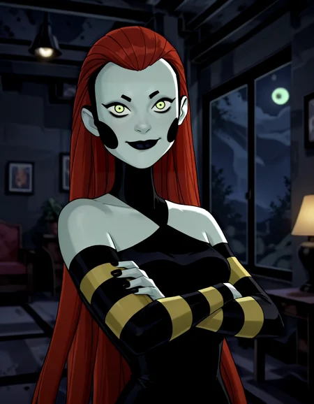 frightwigOS, 1girl, solo, green eyes, very long hair, black lips, crossed arms, red hair, striped sleeves, black bodysuit, white skin, colored skin, smile, black nails, detached sleeves, parody, upper body, looking at viewer, indoors, night, dark, masterpiece,best quality,amazing quality,