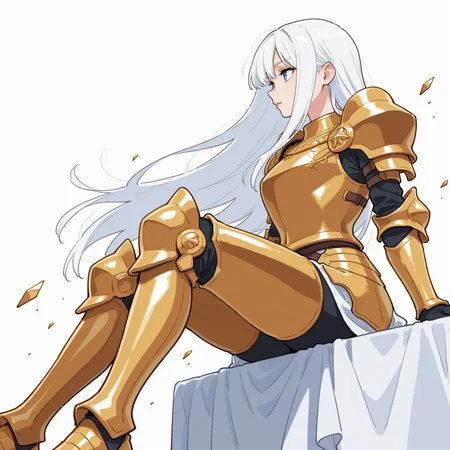 masterpiece, best quality, good quality, very awa, newest, highres, absurdres, 1girl, solo, long hair, blue eyes, simple background, white background, closed mouth, very long hair, sitting, white hair, armor, from side, lips, feet out of frame, profile, shoulder armor, straight hair, pauldrons, looking ahead, armored boots, looking afar, gold, gold armor, shards, gold footwear,wind,low view,Dutch angle,Wide Shot, limited palette <lora:Artstyle__uwzoa_illustrious:1>