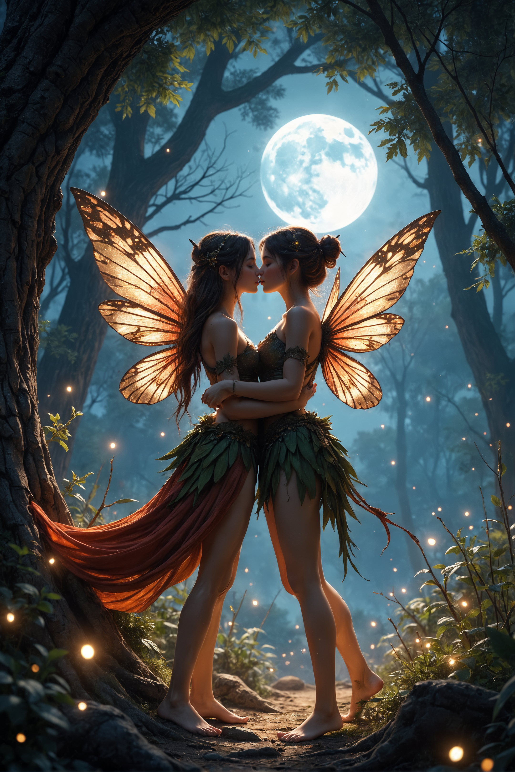 two female fairies kissing in a magical forest, fireflies surrounding them, night, moonlight, magical, surreal, fantasy, ultra quality, 8k, best quality, masterpiece midjourneyv6.1