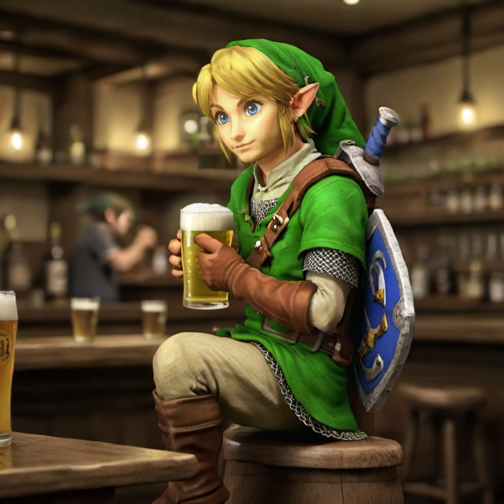 a full body link is drunk and having a beer in a pub <lora:Link1024:0.8>