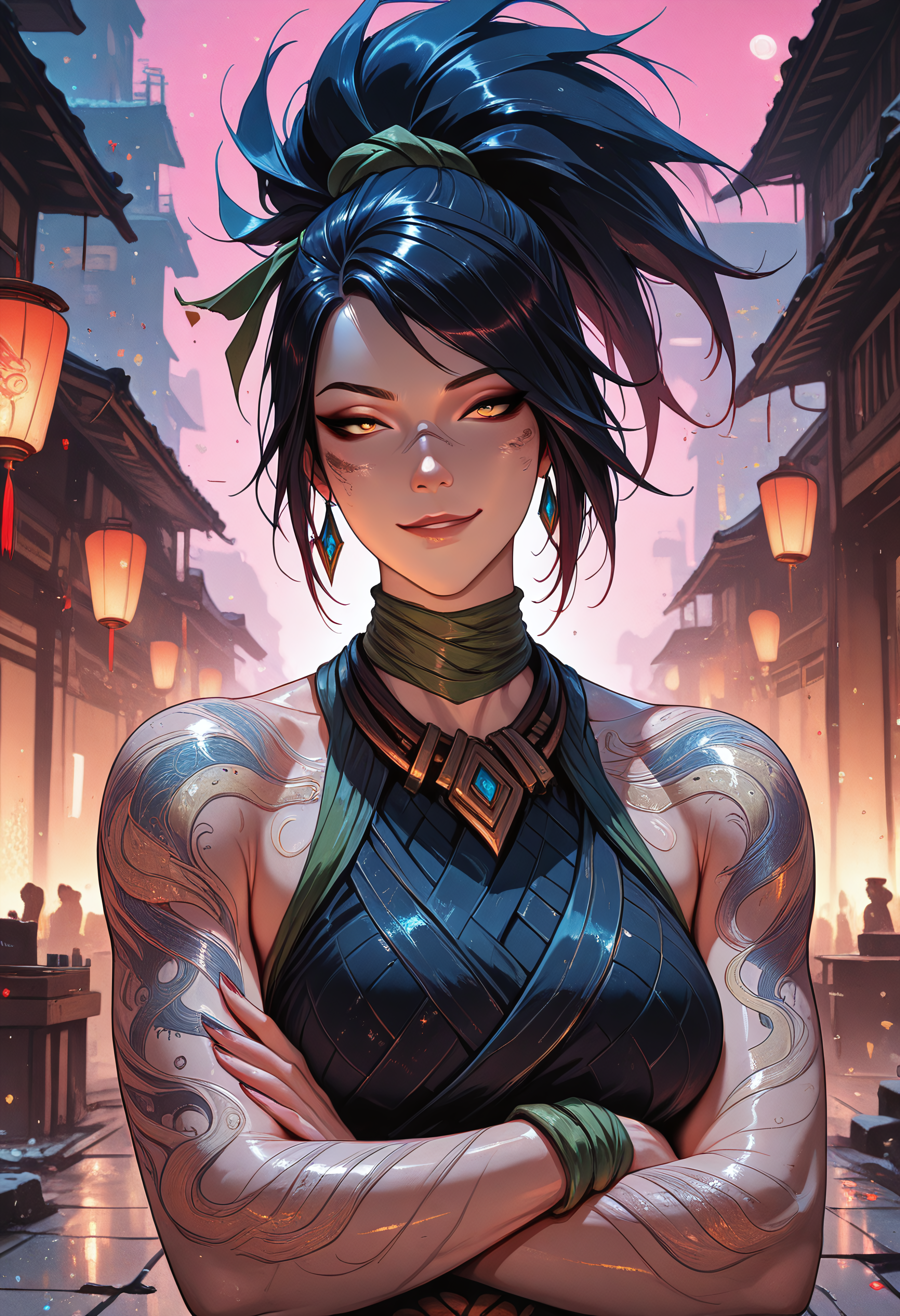 highres, very detailed, amazing quality, masterpiece, createconcept, DS-Illu, 
very aesthetic,
digital painting \artwork\, glitch art, artwork, glitter, particle effect,
1girl, Akali, league of legends, upper body, (breasts, large breasts, large breasts,), muscular, from front, looking at viewer, dragon tattoo, tattoo, tattoos, Smirk, cocky smirk, scoff, head tilted, 
Arms crossed, 

Ancient Oriental city, Japanese themed, At night, night, Lanterns, 