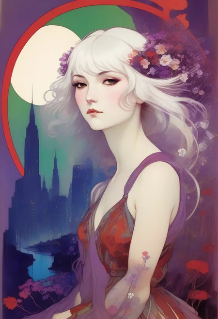 ,tj,LocationInformation,in the style of 2d game art,characterized woman,dmitry vishnevsky, neon purple and red white,cute and dreamy,editorial illustrations,kawai girl ,, white wild hair with single braid, dreamy green eyes, detailed drawing, by (Alphonse Mucha), vivid paint brushes, wild flowers, misty dreamlike cityscape ruins in background