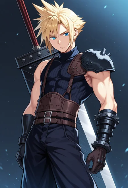 masterpiece,best quality,amazing quality, source_anime,
SoutouKumo, 1boy, male focus, solo, blue eyes, blonde hair, spiked hair, shoulder armor, single bare shoulder, sleeveless turtleneck, gloves, multiple belts, toned male, buster sword,