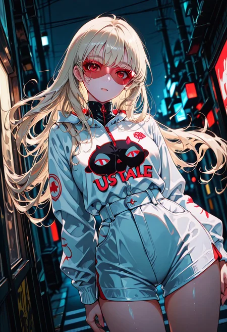 masterpiece, best quality, good quality, very aesthetic, absurdres, newest, 8K, depth of field, focused subject, artist:moriimee, ckym, in the style of ckym, platinum blonde femme fatale, flowing hair, wearing neon blue and red shades, urban streetwear, leaning against a futuristic sci-fi streetcorner, outdoors, silhouetted, dark night, directional lighting, dutch angle, cowboy shot