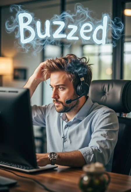1man sitting in computer room, sitting at desk, looking at computer screen, man stressed out, wide eye worried, frantic expression, pulling hair, wearing headset, computer has smoke rolling out of it, smoke forming words saying ("Buzzed"), office setting in background,