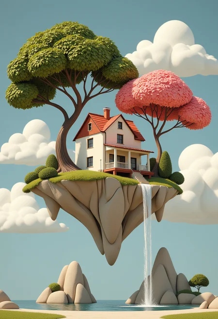 The image is a flat illustration of a small island with a barbie house on top of it. The island is floating in the sky with white clouds in the background. The house is a two-story building with a red roof and white walls. It has a chimney and a balcony on the second floor. There are two large trees on either side of the house, one with green leaves and the other with pink flowers. The tree on the left is a large tree with a green trunk and branches, while the one on the right is a smaller tree with red leaves. There is a small waterfall cascading down the side of one of the trees. The sky is a light blue color, and the overall mood of the image is peaceful and serene., <lora:Flux_Cartoon\3D_Caricature.safetensors:0.5:0.5> <lora:Flux_Cartoon\flat-illus-flux-v1.safetensors:0.5:0.5> <lora:Flux_Style\niji_flux.safetensors:0.5:0.5>