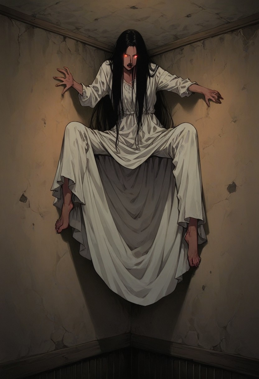 score_9, score_8_up, score_7_up, 1girl, solo, p0ssessed, ceiling, corner. wall, low angle, view from below, against wall, ghost, white dress, long hair, black hair, room, dark, low light, night, DarkFantasy, glowing eyes, barefoot, feet, sinozick style, flat color, dark theme, spread legs,