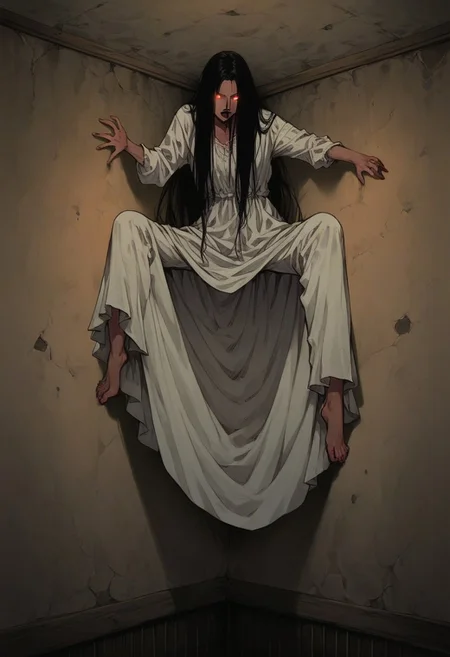 score_9, score_8_up, score_7_up, 1girl, solo, p0ssessed, ceiling, corner. wall, low angle, view from below, against wall, ghost, white dress, long hair, black hair, room, dark, low light, night, DarkFantasy, glowing eyes, barefoot, feet, sinozick style, flat color, dark theme, spread legs,