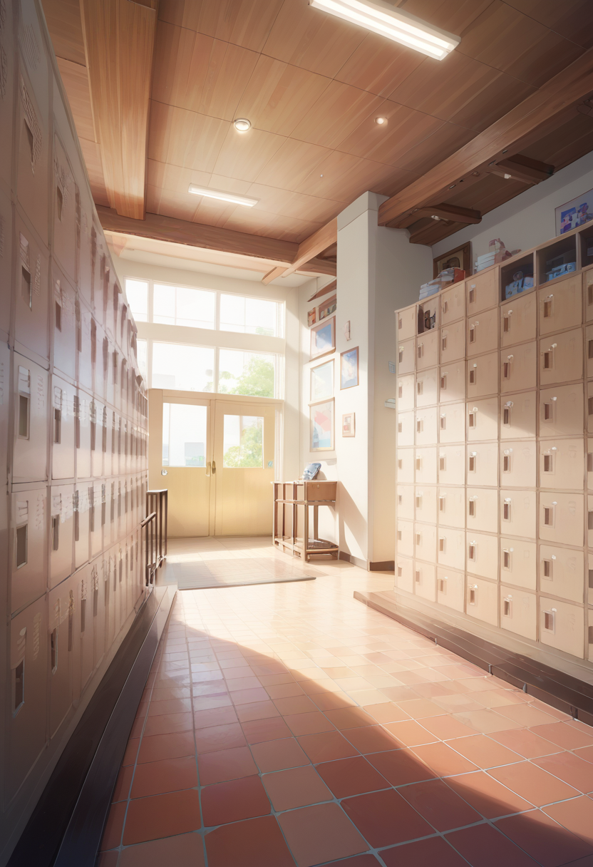 score_9, score_8_up, score_7_up, rating_safe, masterpiece, best quality, absurdres, unity 8k wallpaper, official art, official style, source_anime, uncensored, game cg, megami magazine,
getabako, scenery, locker, indoors, school, window, hallway, ceiling light, sunlight, ceiling, tiles, reflective floor, tile floor, door
 <lora:gakkou_getabako_PONY_V1:1>