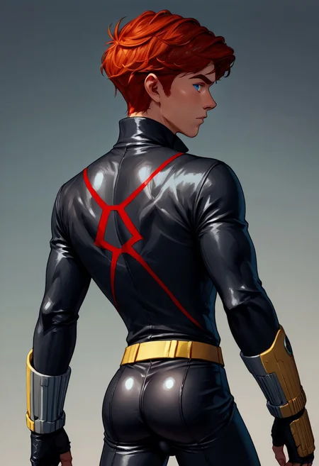 score_9, score_8_up, score_7_up, 1boy, solo, cute boy, James Rogers, Blue Eyes, Red Hair, bulge, black widow costume, black leather bodysuit, partially unzipped, male cleavage, yellow belt, yellow bracers, from behind, looking back, butt