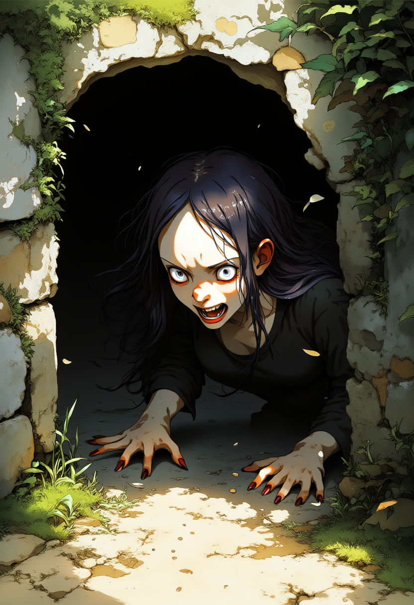 digital illustration, a witch, thin pale Japanese, long thin disheveled hair falling on her face, claws on the tips of her fingers, crawls out of a hole in a wall, heading towards us on all fours screaming. moss on the wall, terrifying atmosphere, halloween, sharp teeth, like a monster, luminous eyes, complementary colors, low angle,